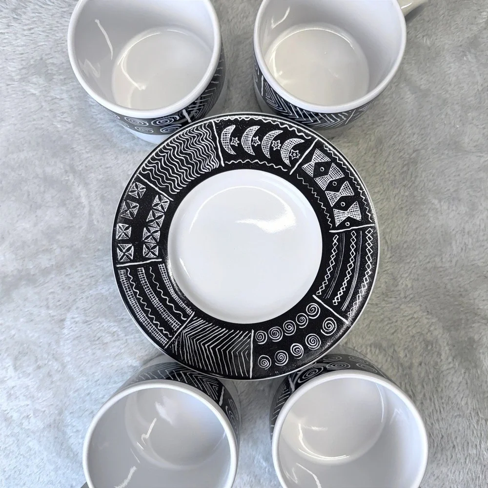 Sakura Batik Cup & Saucer Dessert Set Black White Stoneware Sue Zipkin 1993‎